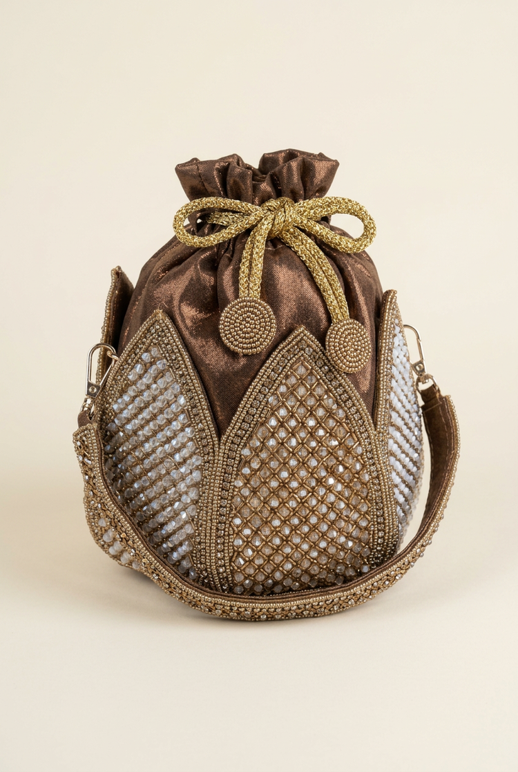 Bronze Petal crystal beaded potli, studio view