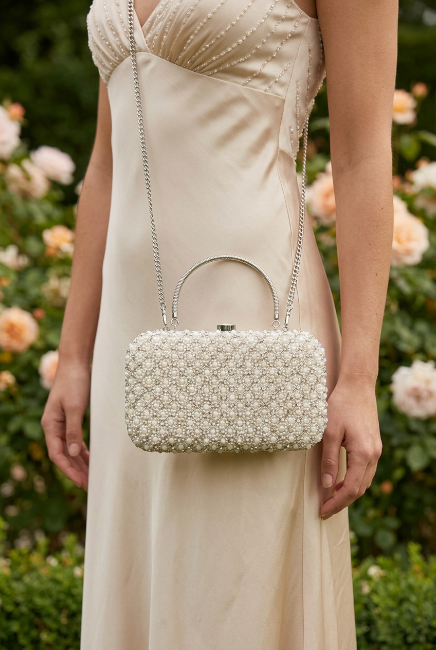 Pearl Radiance sling bag with champagne garden wedding dress