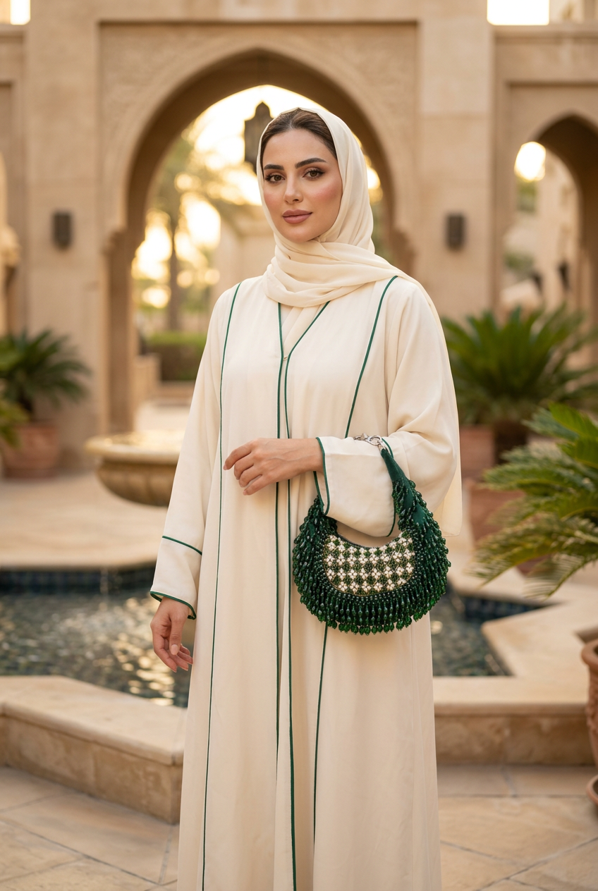 Small emerald crystal crescent bag on the wrist of a woman in an ivory abaya with emerald piping