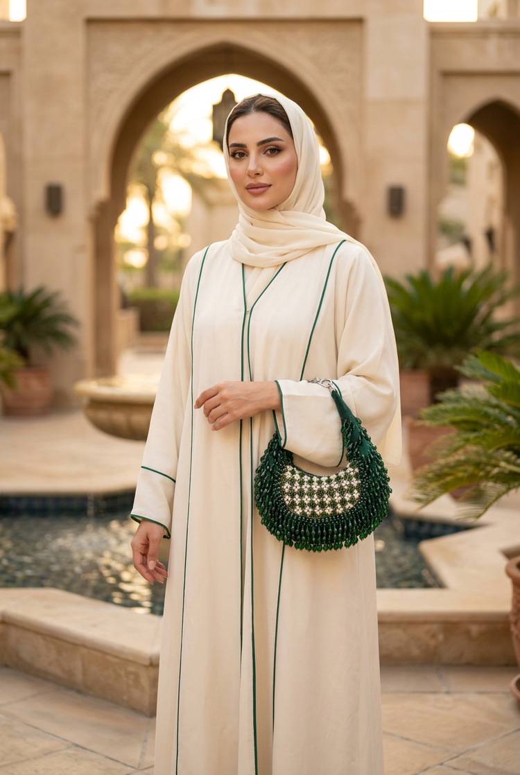 Small emerald crystal crescent bag on the wrist of a woman in an ivory abaya with emerald piping