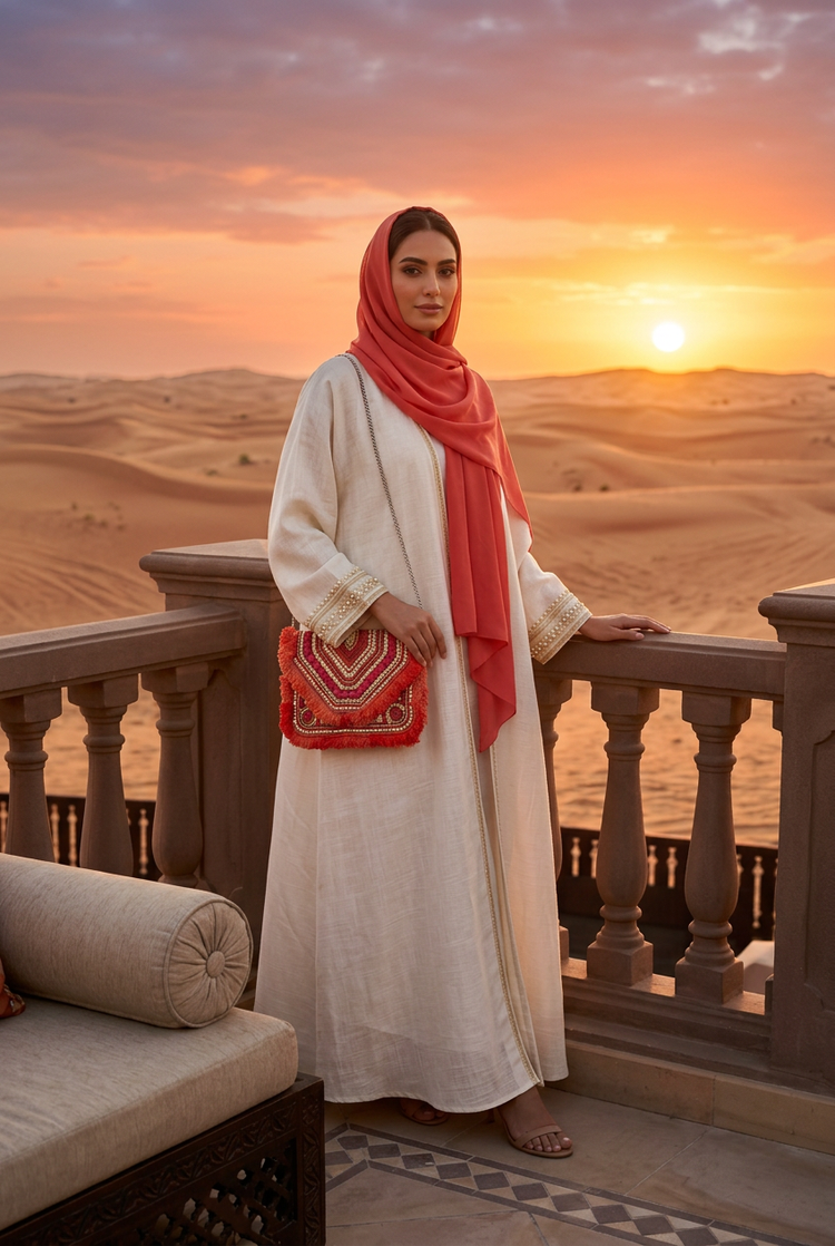 Coral red beaded chevron fringe clutch on a silver chain with an ivory abaya and coral shayla on a desert sunset terrace