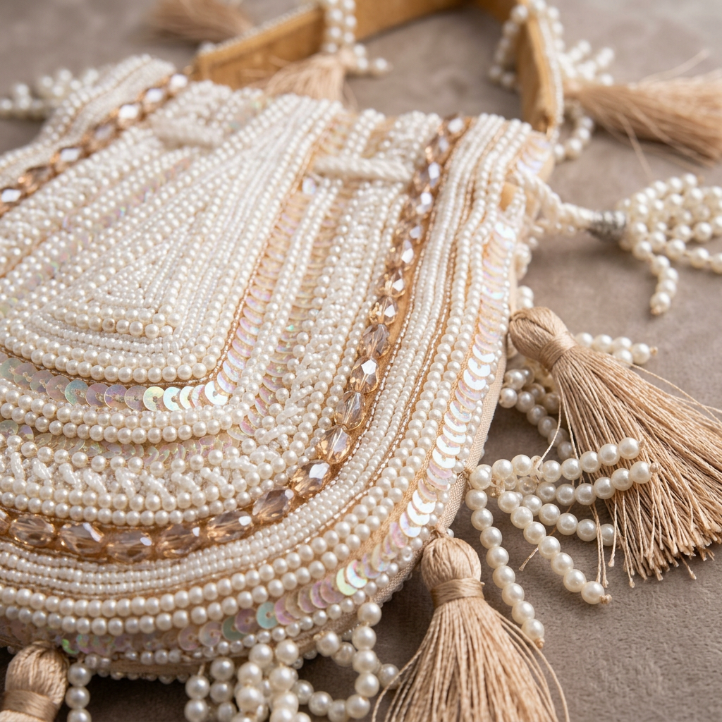 Ivory beadwork champagne accents and beige tassels, AI-generated detail image