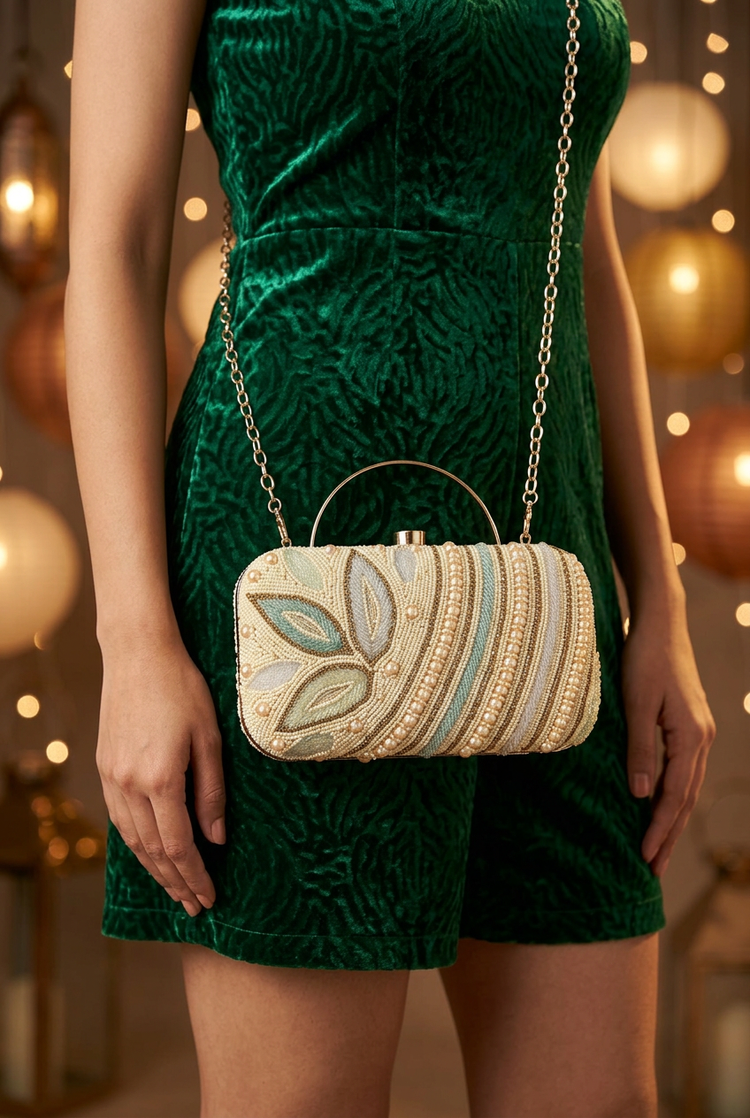 Pearl Botanica sling bag with emerald festive outfit
