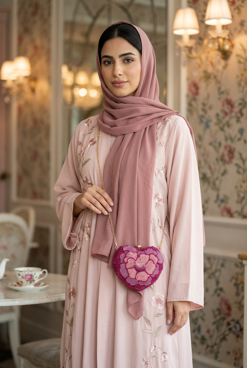 Pink floral beaded heart mini bag on a gold chain with a blush embroidered abaya in a tea room