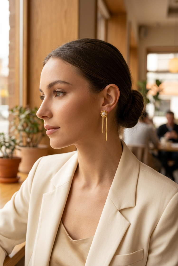 Pearl knot gold chain earrings worn with a cream blazer at a cafe