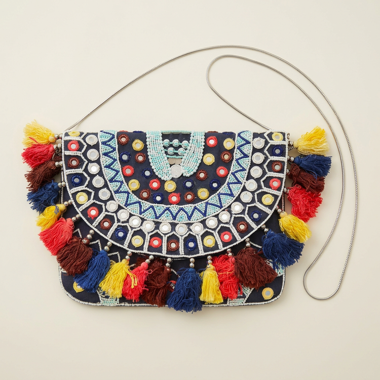 Navy mirror multicolour tassel clutch, AI-generated studio image