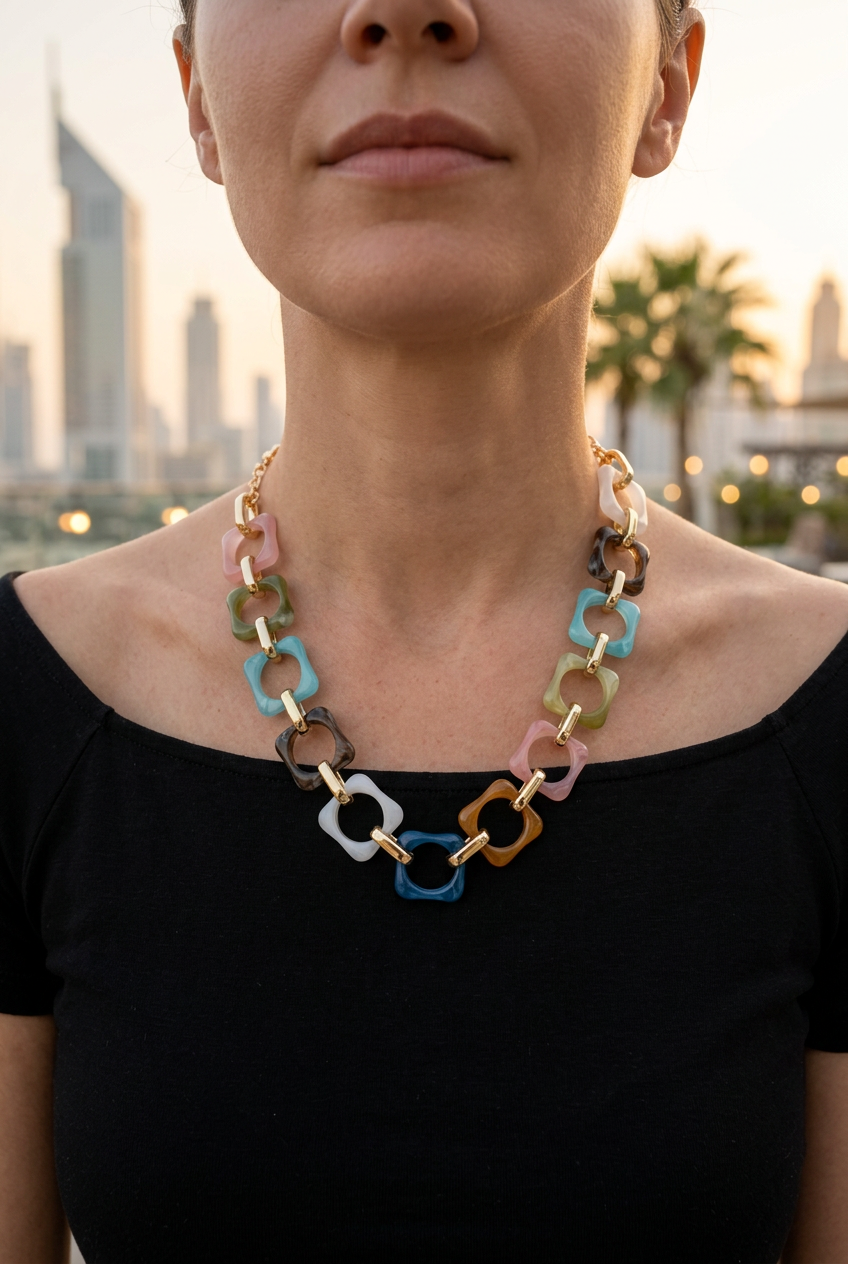 Small multicolour square-link necklace worn with a black neckline