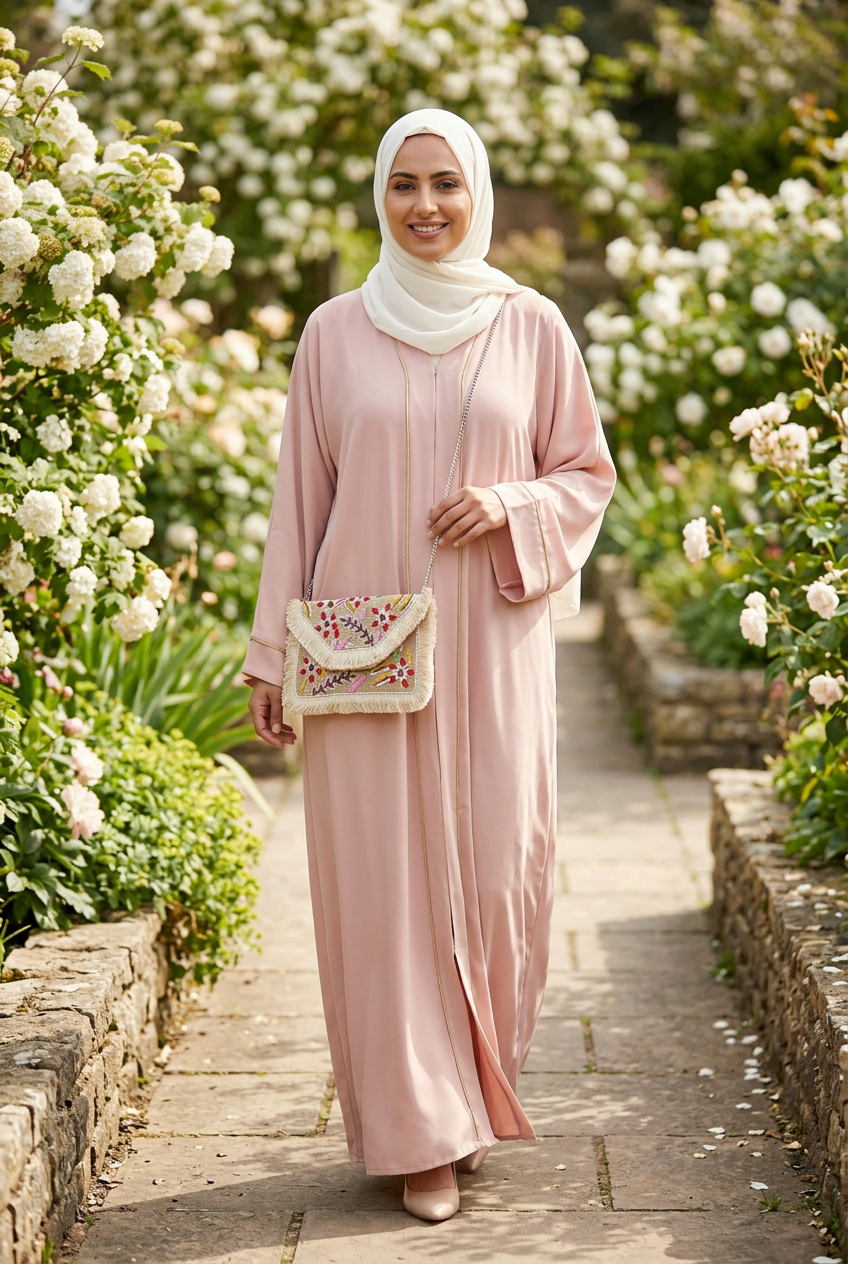 Ivory floral beaded fringe clutch on a silver chain with a blush pink abaya and ivory shayla in a spring garden