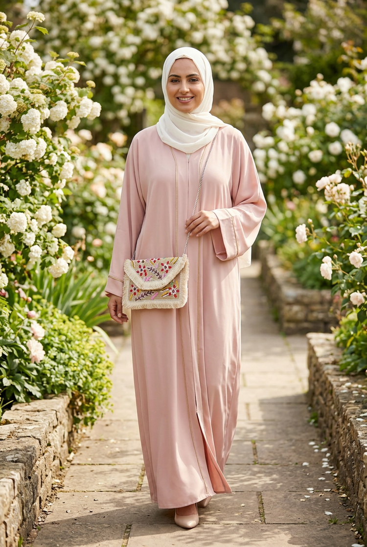 Ivory floral beaded fringe clutch on a silver chain with a blush pink abaya and ivory shayla in a spring garden