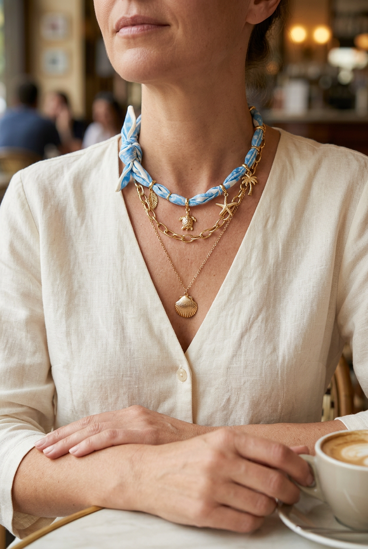 Medium-size blue scarf and gold seashell necklace worn with cream linen