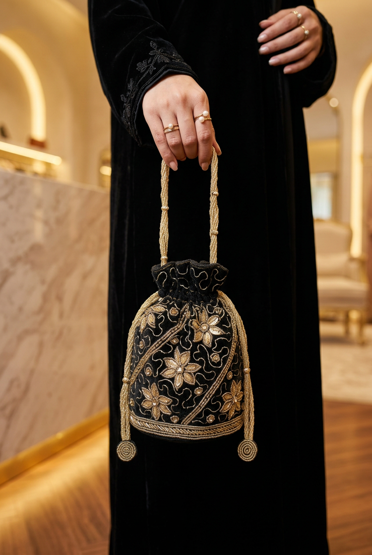 Midnight Botanica black floral beaded potli styled with an abaya
