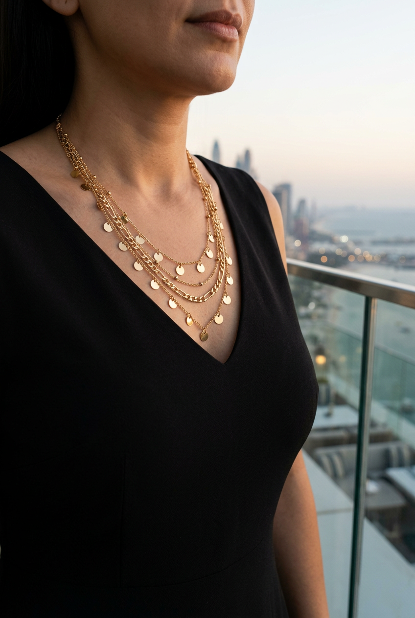 Layered gold coin necklace worn with a black dress on a terrace
