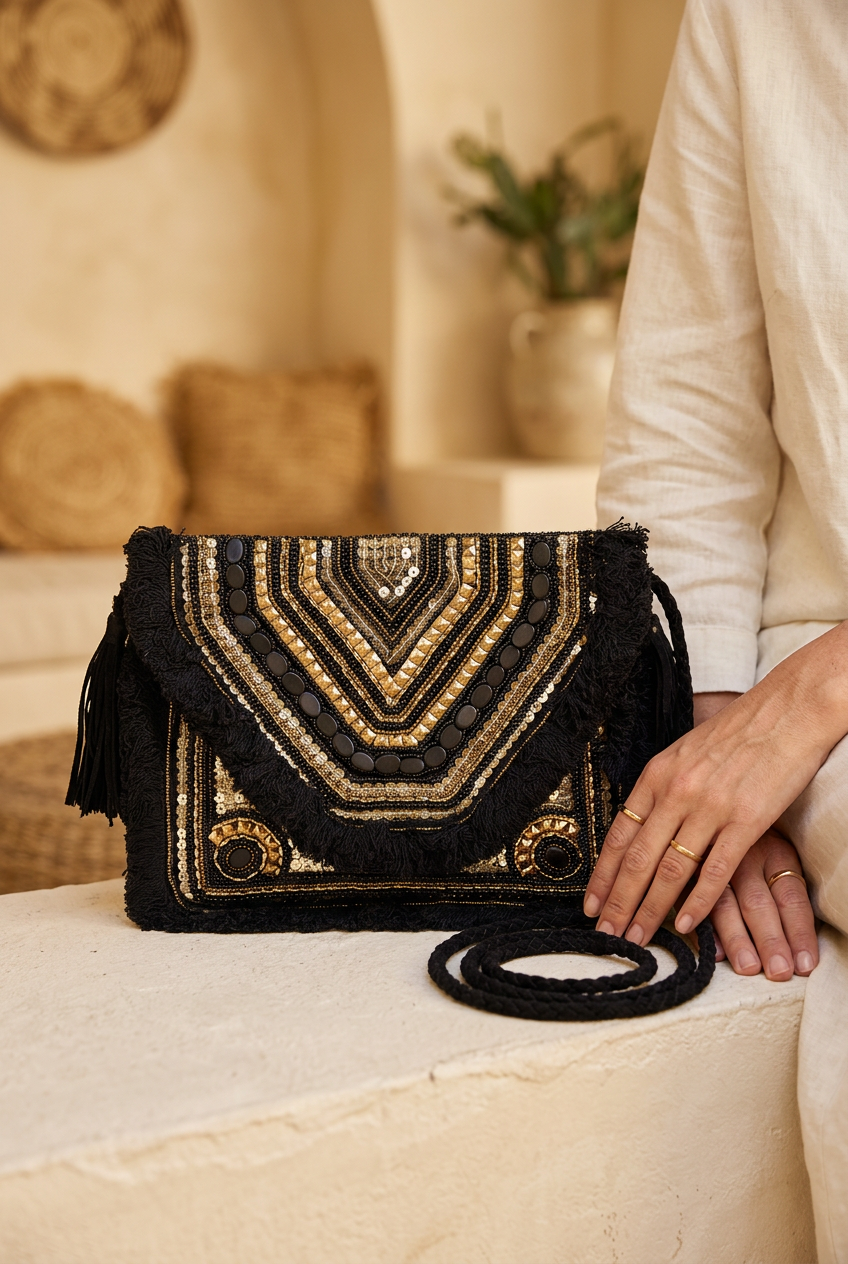Black Chevron clutch with black fabric strap styled with ivory linen