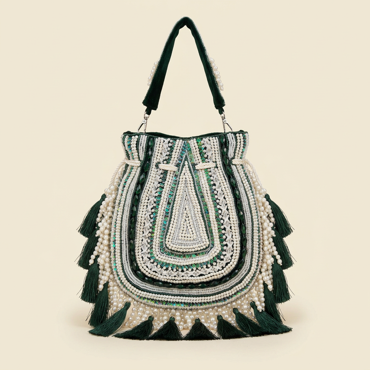 Forest green pearl-look bead and tassel boho bag, studio image