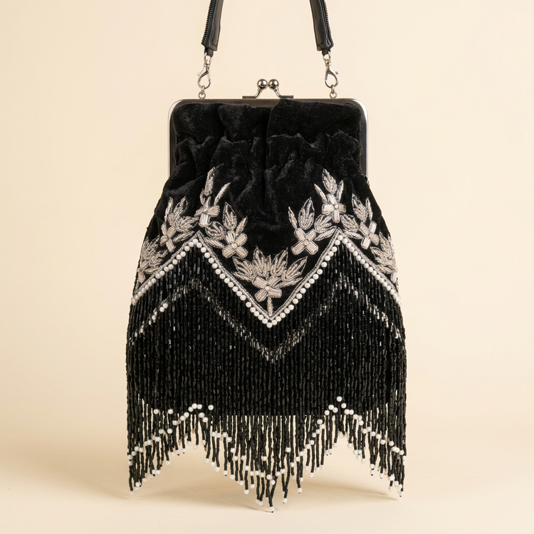 Black velvet embroidered potli with beaded fringe on a cream studio background