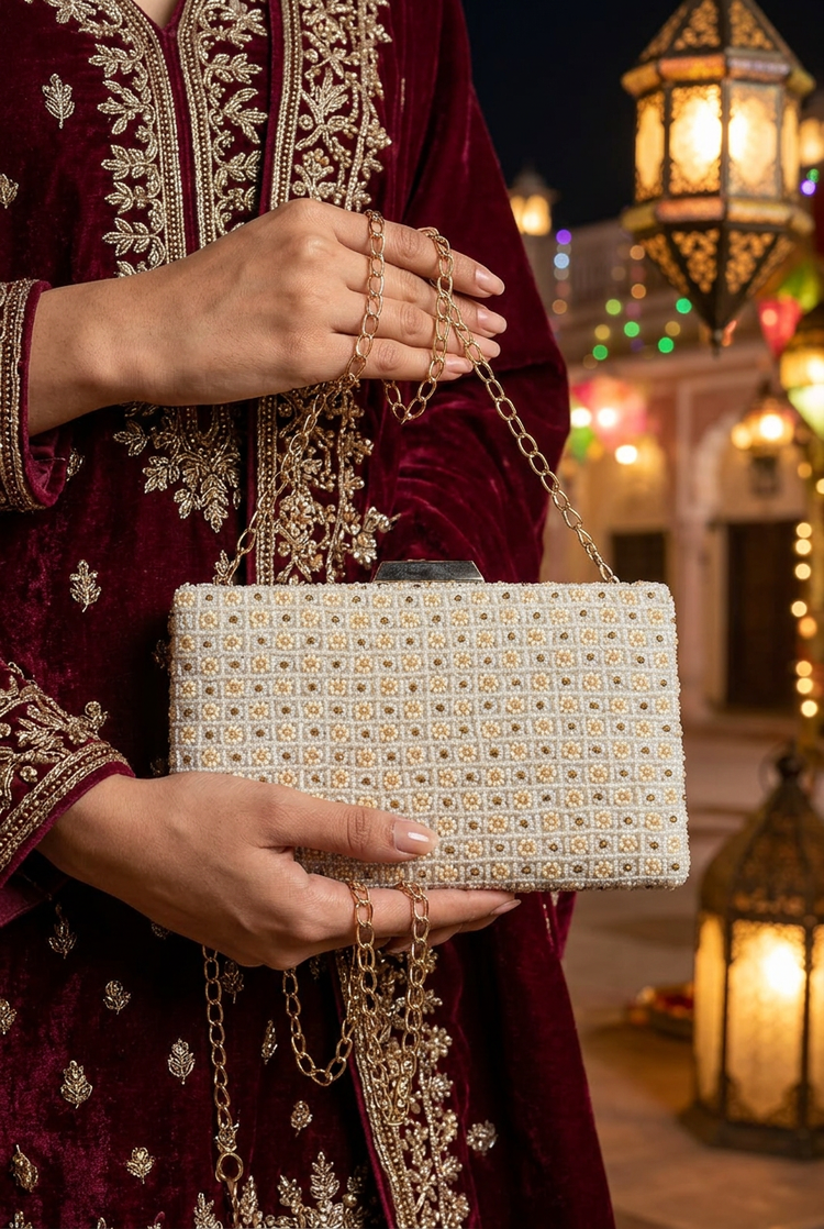 Pearl Trellis ivory beaded box clutch styled for a festive celebration