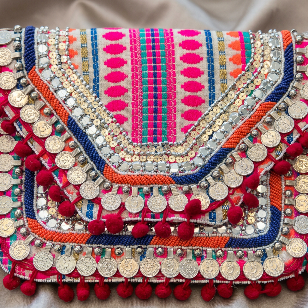 Pink clutch beadwork coins and pom-pom detail, AI-generated detail image