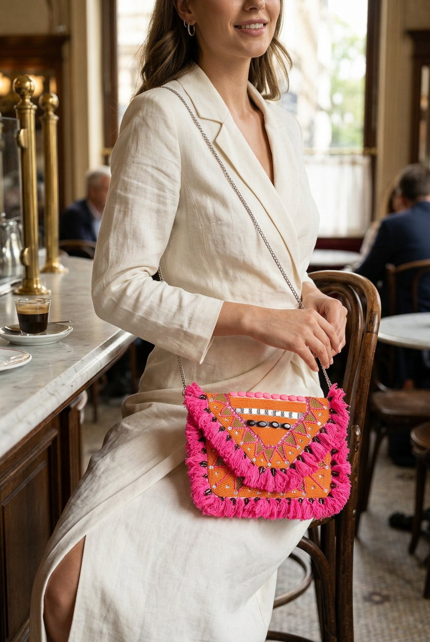 Mango Fiesta compact orange bag styled with ivory linen