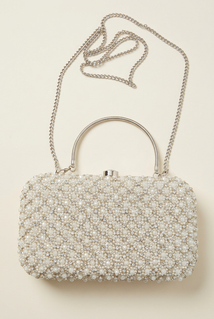 Pearl Radiance crystal lattice sling bag, front studio view