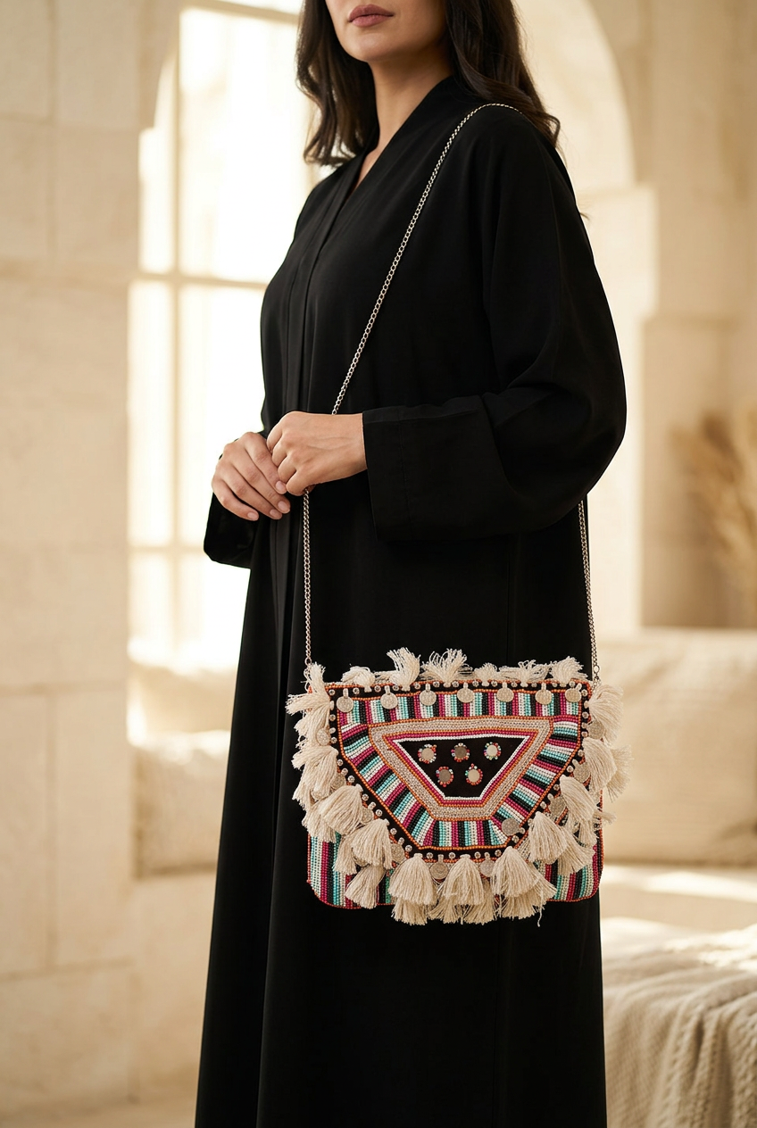 Tribal Prism bag styled with black abaya
