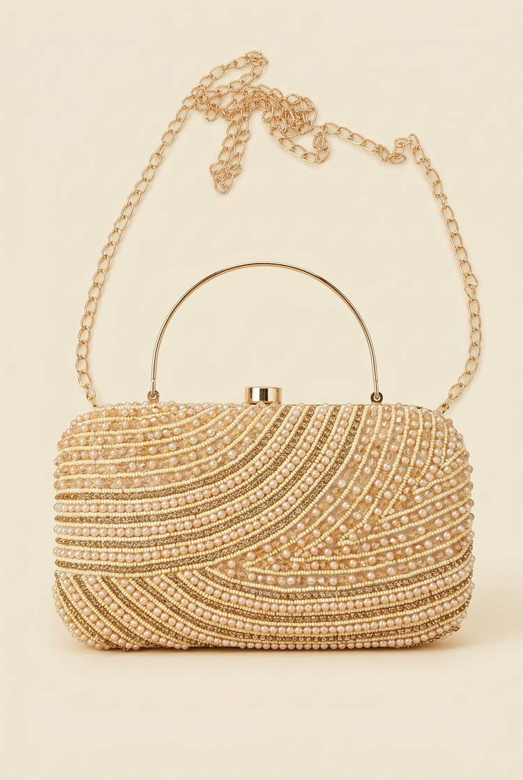 Satin Current Gold wave beaded clutch, studio