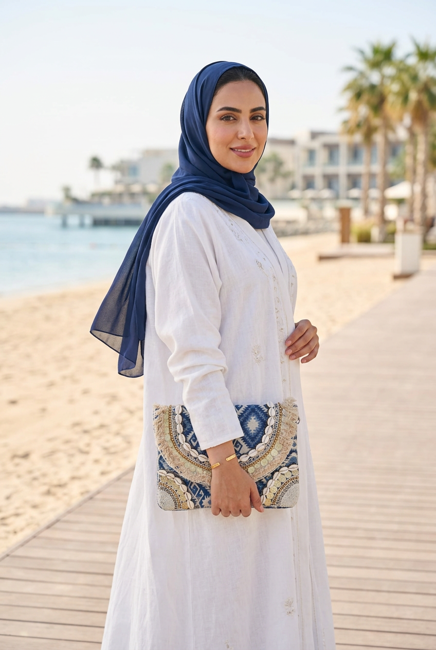 Blue Aztec shell and coin clutch held with a white linen abaya and navy shayla on a beach boardwalk