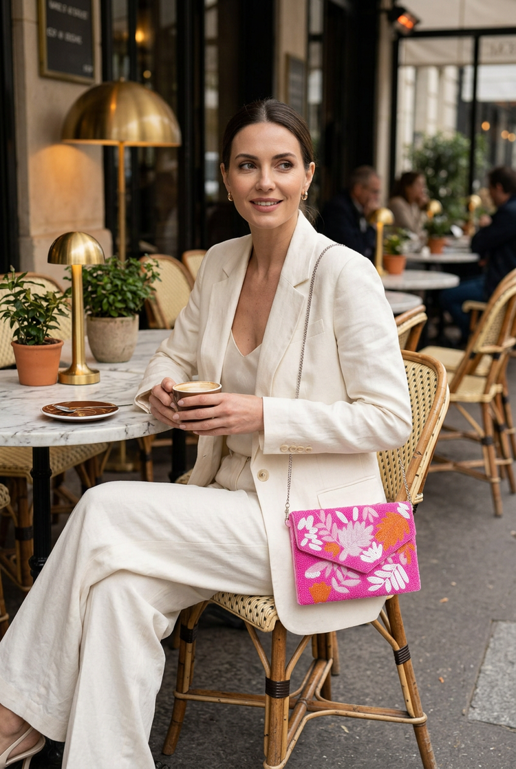 Pink Tropic compact botanical bag styled with ivory linen