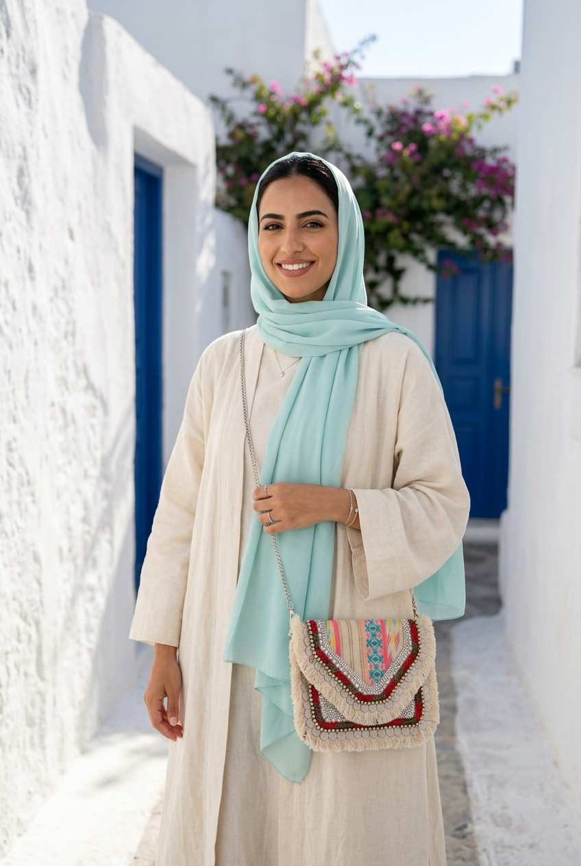 Multicolour woven coin and ivory fringe clutch on a silver chain with a cream linen abaya and pastel turquoise shayla in a whitewashed lane