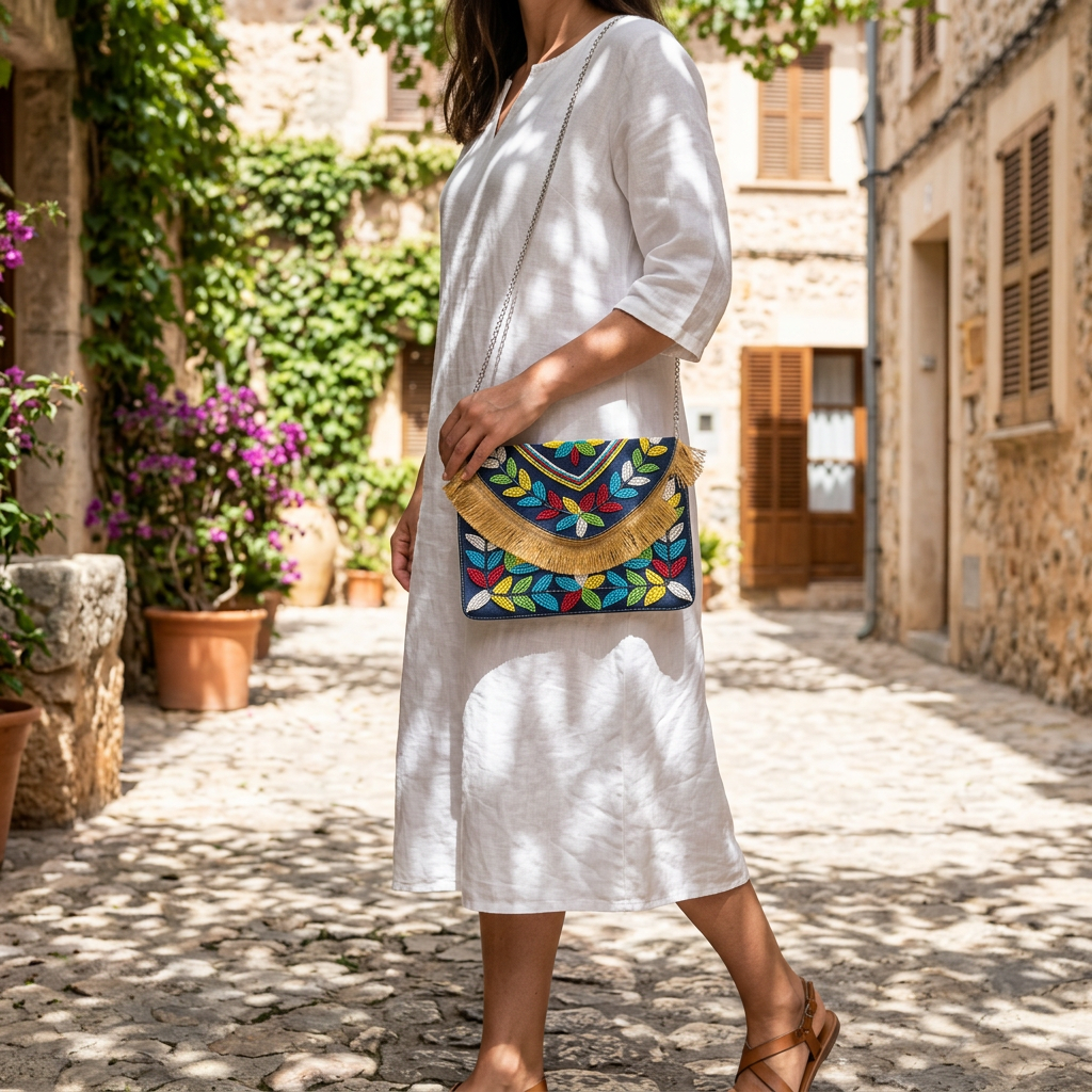 Small navy leaf clutch styled with white linen, AI-generated lifestyle image