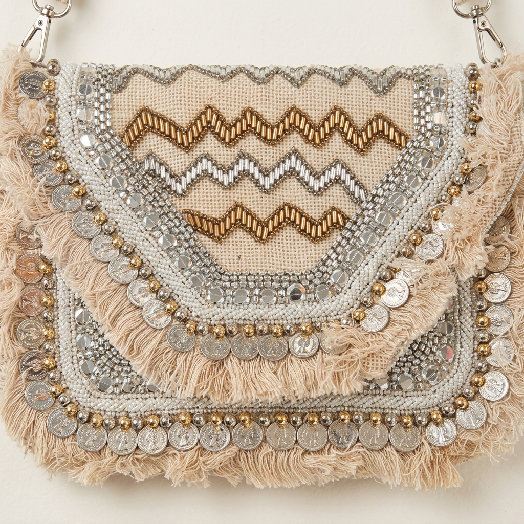 Close-up of metallic zigzag beadwork and ivory fringe on clutch