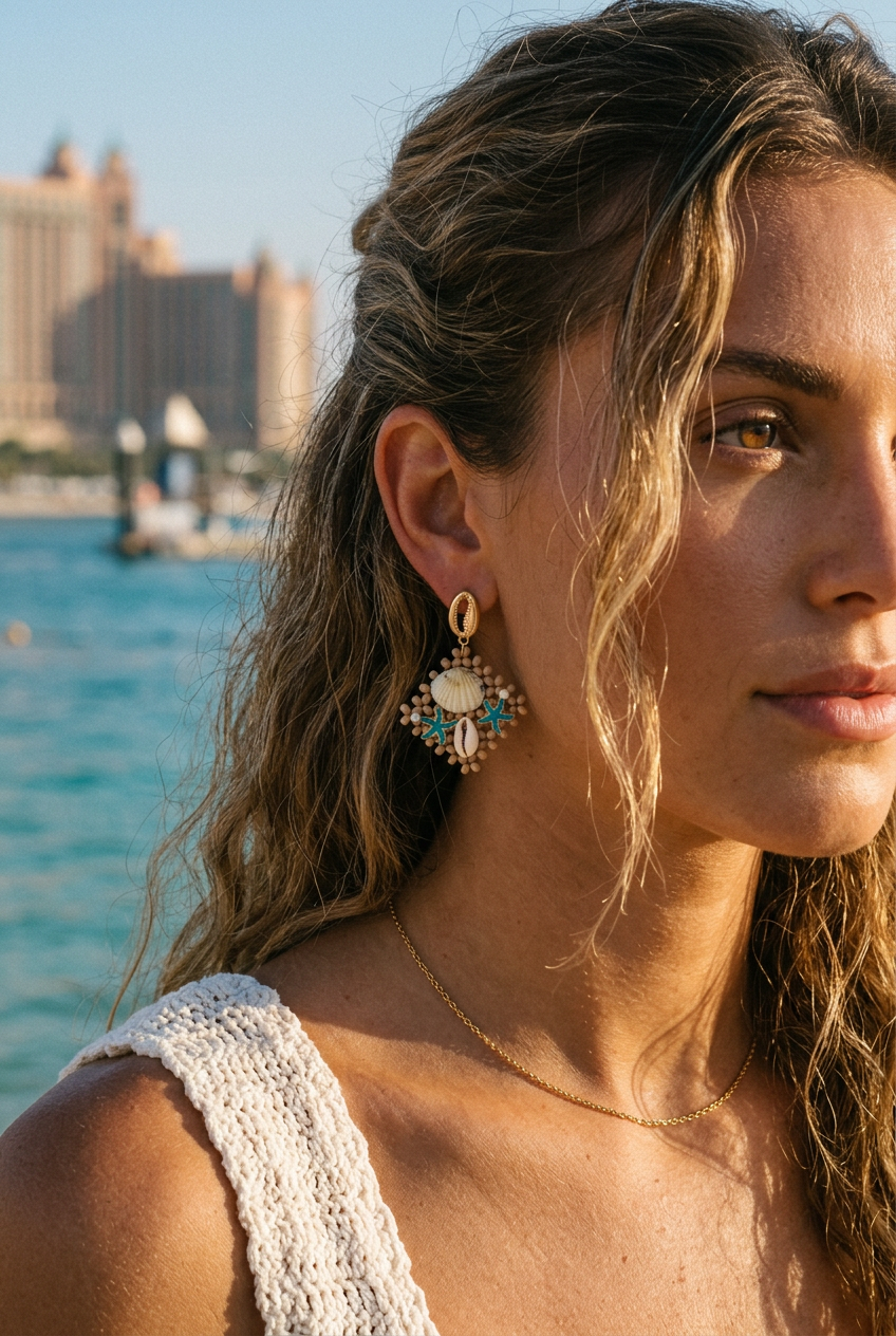 Seashell starfish earrings worn at a Dubai beach club