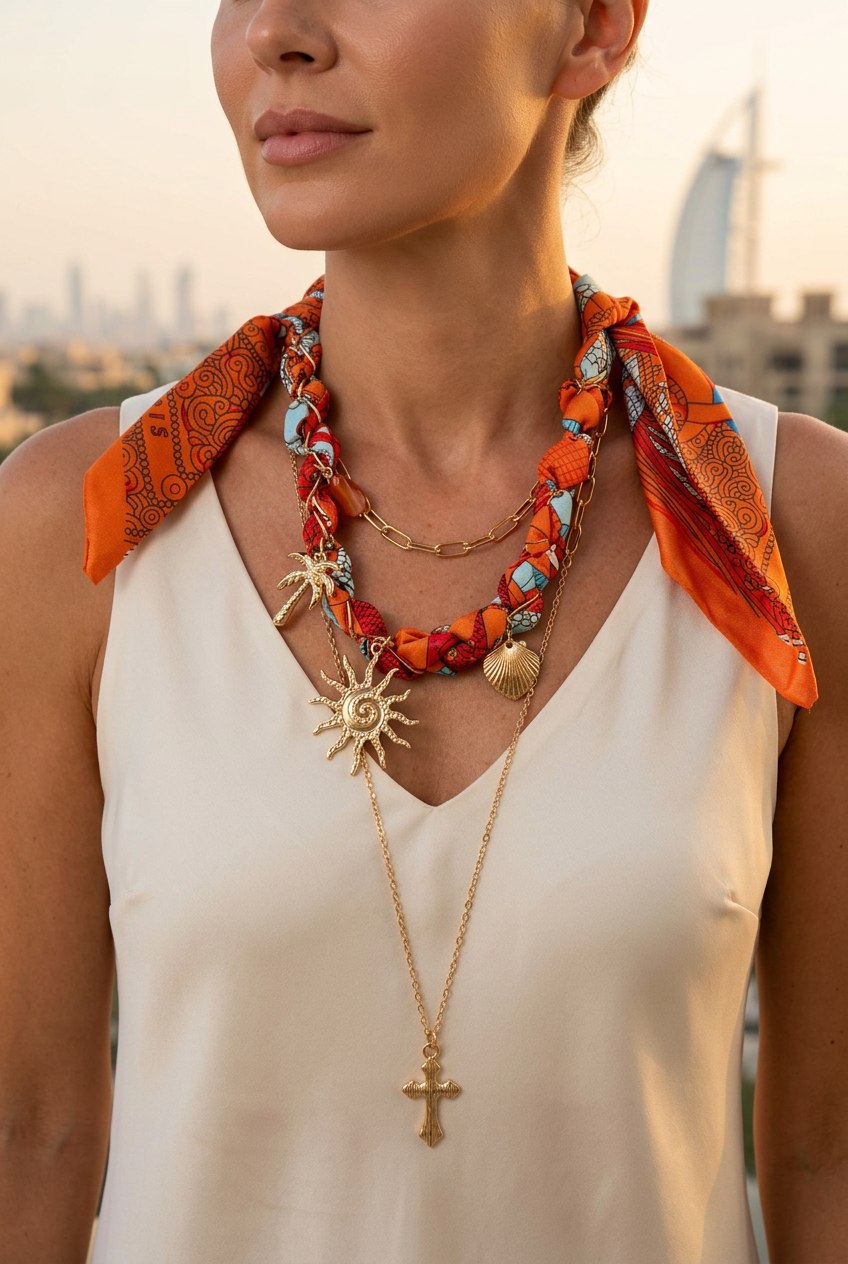 Orange scarf layered necklace worn with a cream top on a terrace