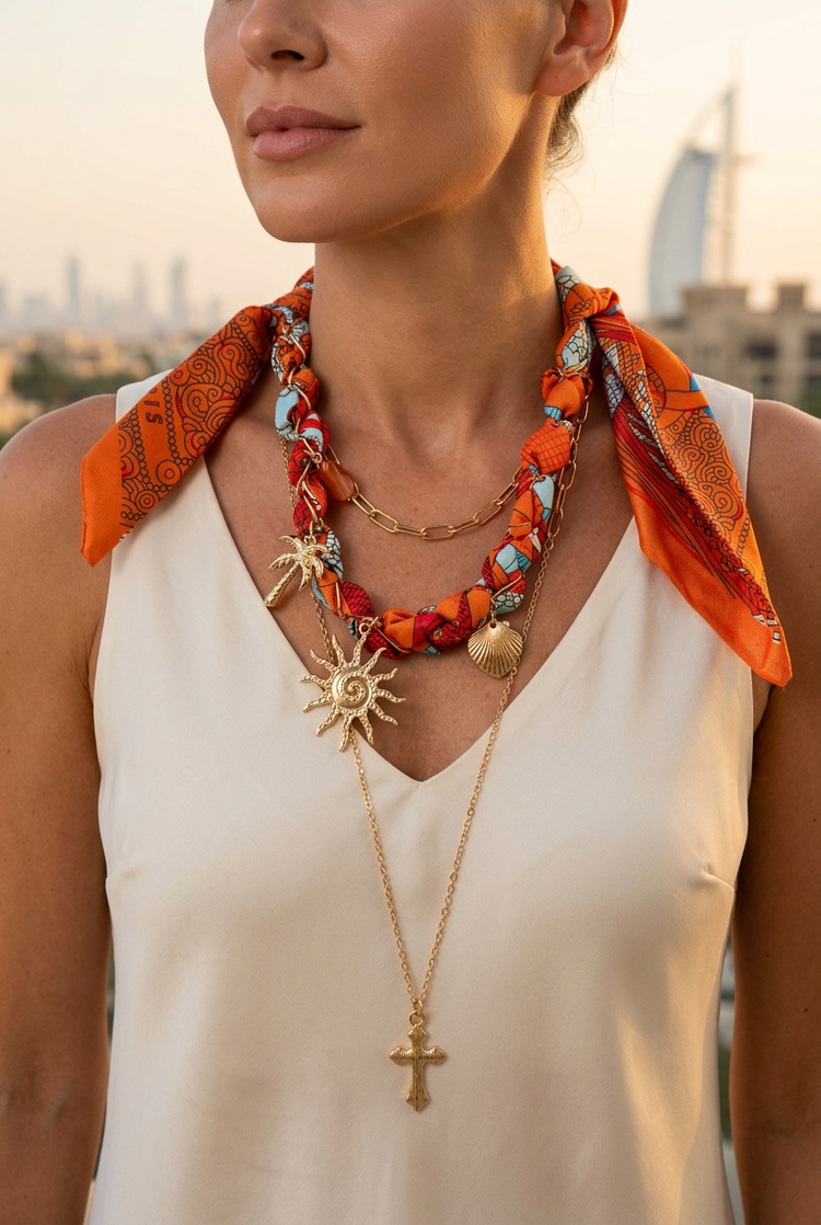 Orange scarf layered necklace worn with a cream top on a terrace
