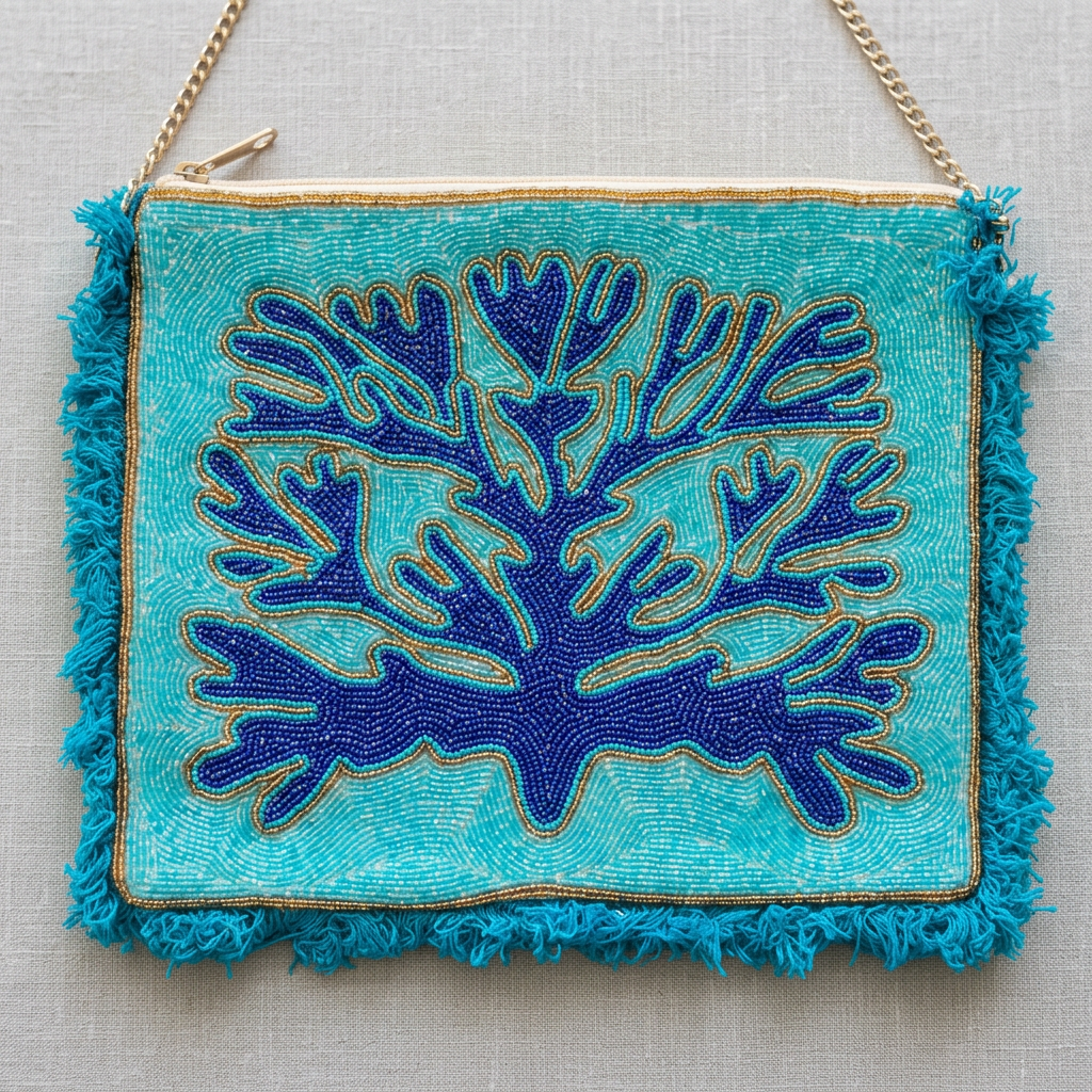 Navy coral motif aqua beads and fringe, AI-generated detail image
