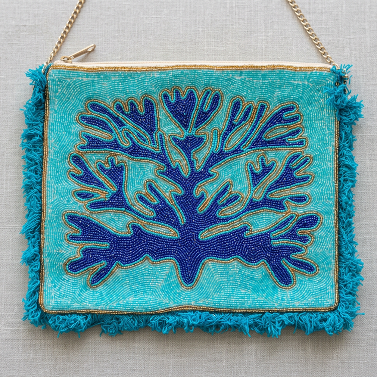 Navy coral motif aqua beads and fringe, AI-generated detail image