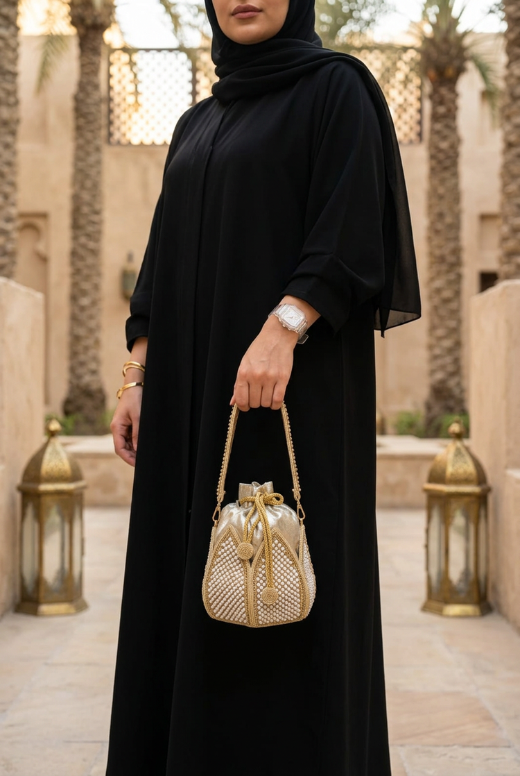 Gilded Petal potli carried with black abaya