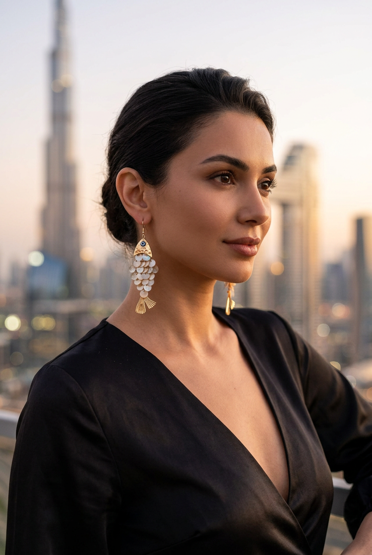 Pearly fish drop earrings worn with black satin on an evening rooftop