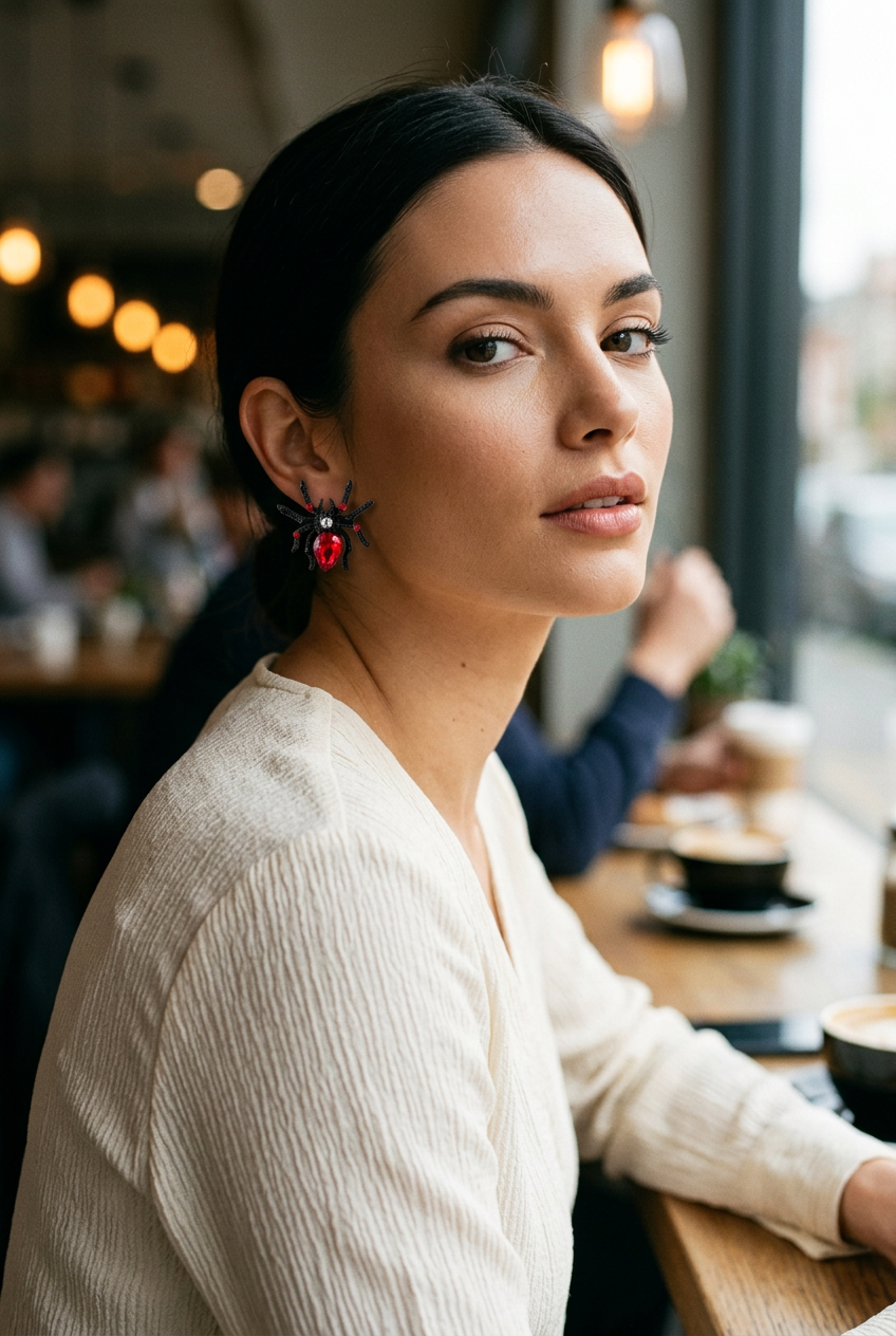 Black and red spider studs worn at a cafe