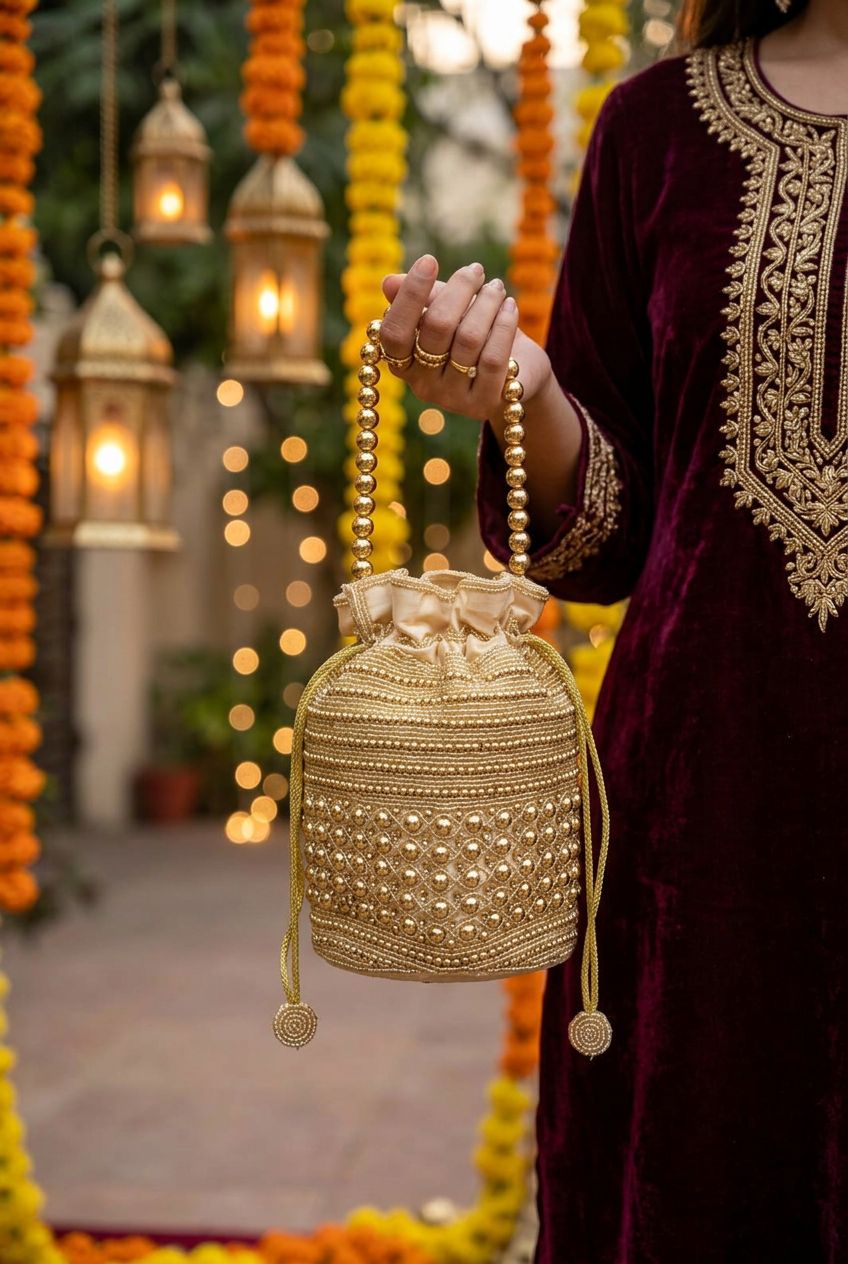 Golden Halo gold beaded potli styled with a burgundy outfit at a festive celebration