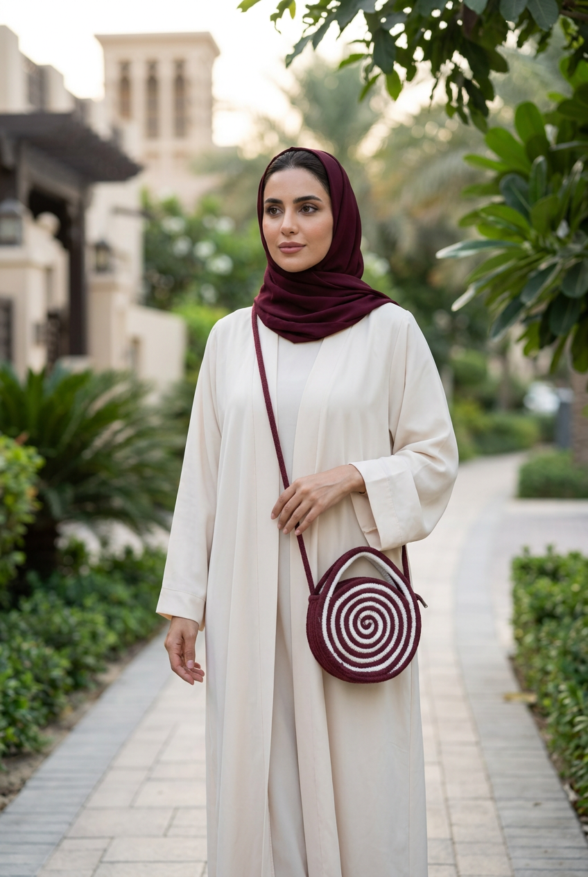 Burgundy spiral rope round crossbody bag worn with a cream abaya and burgundy shayla