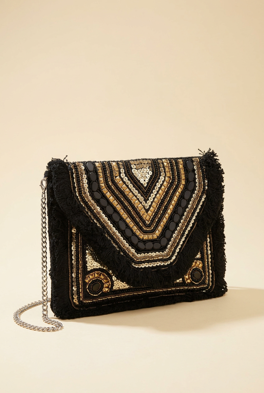 Black & Gold beaded chevron fringe clutch, studio