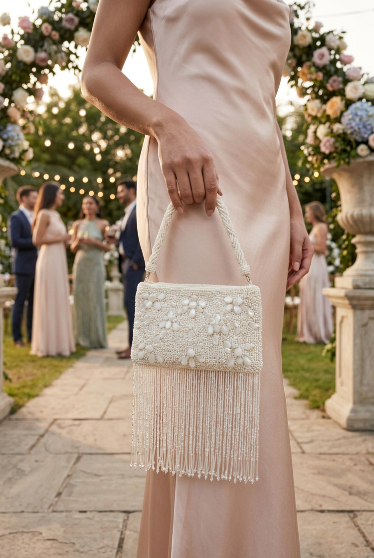 Ivory beaded fringe bag styled for a garden wedding