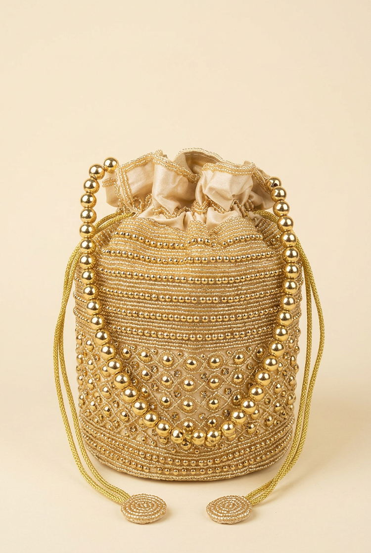 Golden Halo gold beaded potli, front studio view