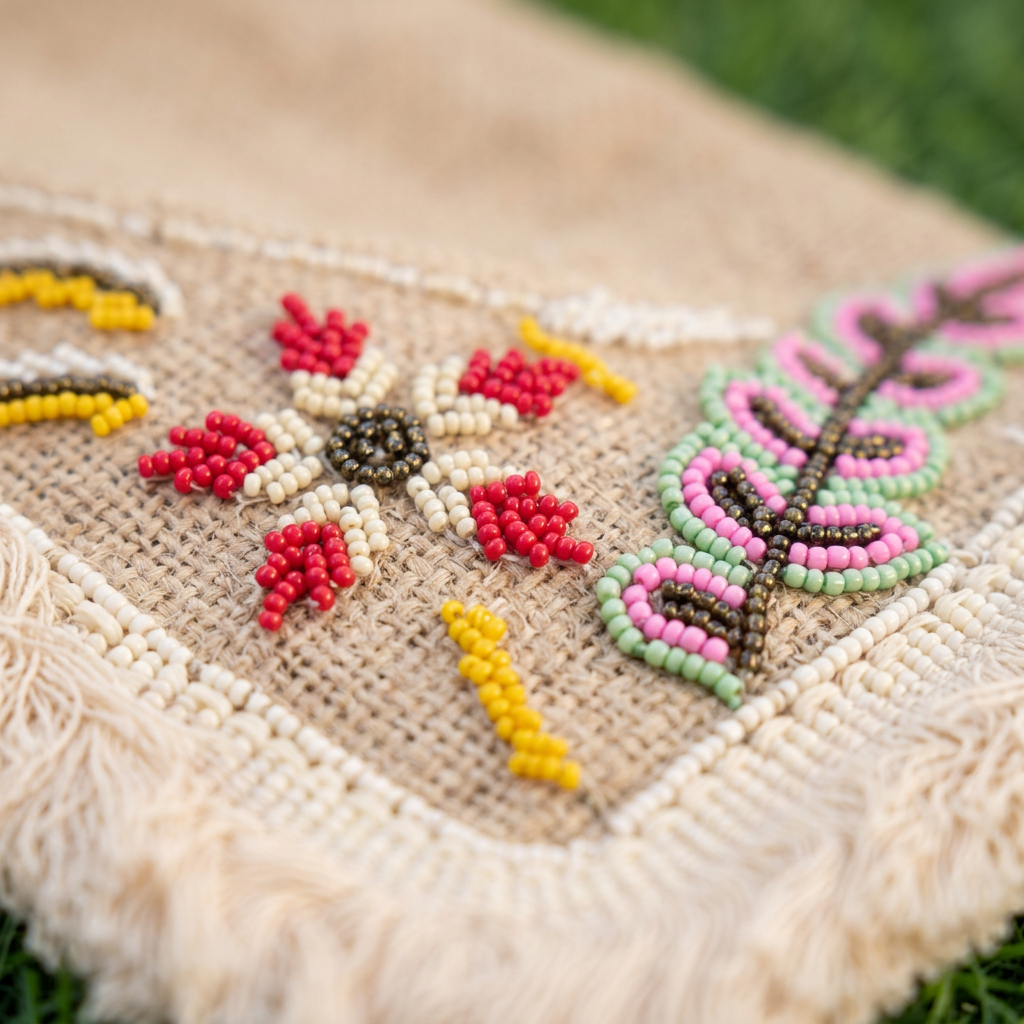 Floral beadwork and cream fringe, AI-generated detail image