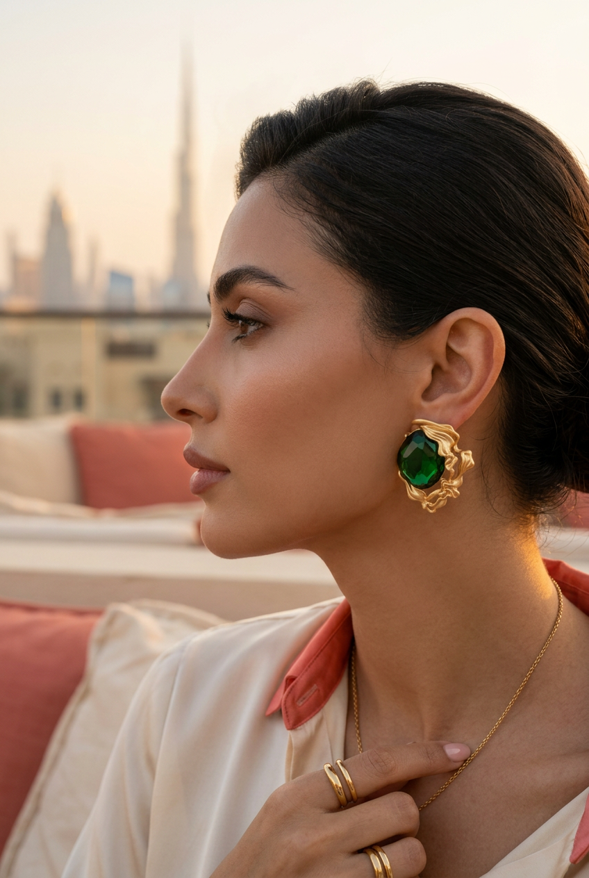 Woman wearing emerald sculpted gold statement earrings on a Dubai rooftop at golden hour