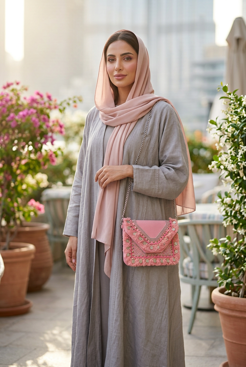 Rose pink stud and coin fringe clutch on a silver chain with a grey abaya and blush shayla on a flower-filled terrace