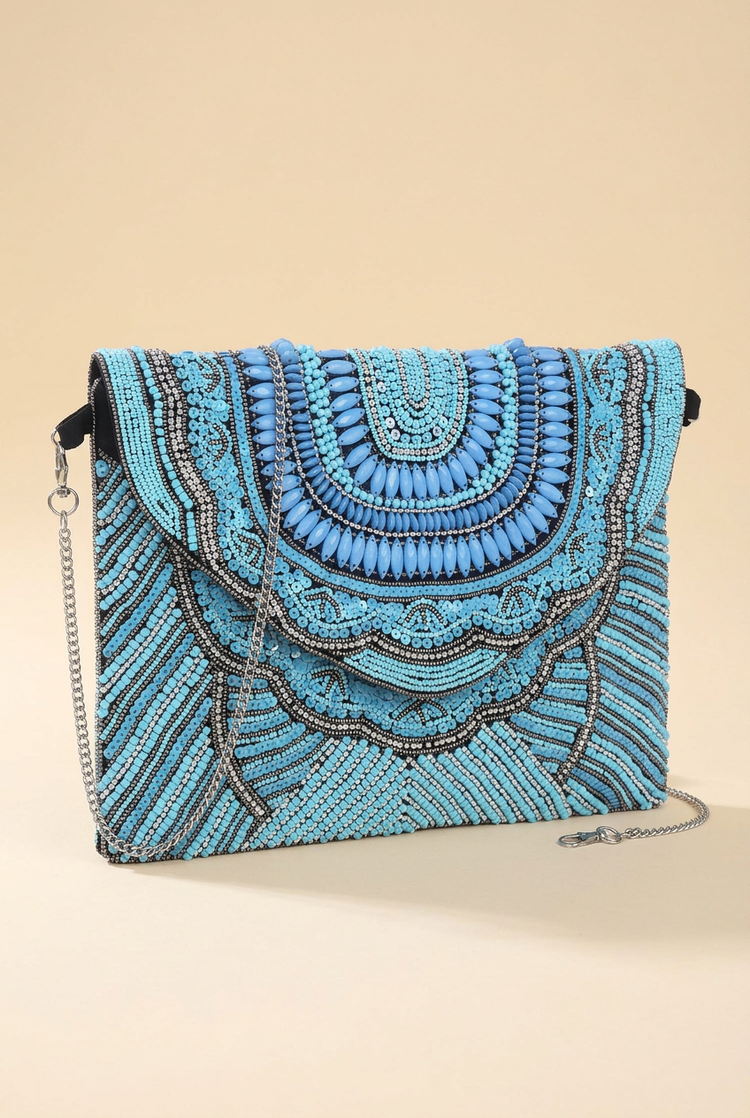 Midnight Spark turquoise beaded bag, studio