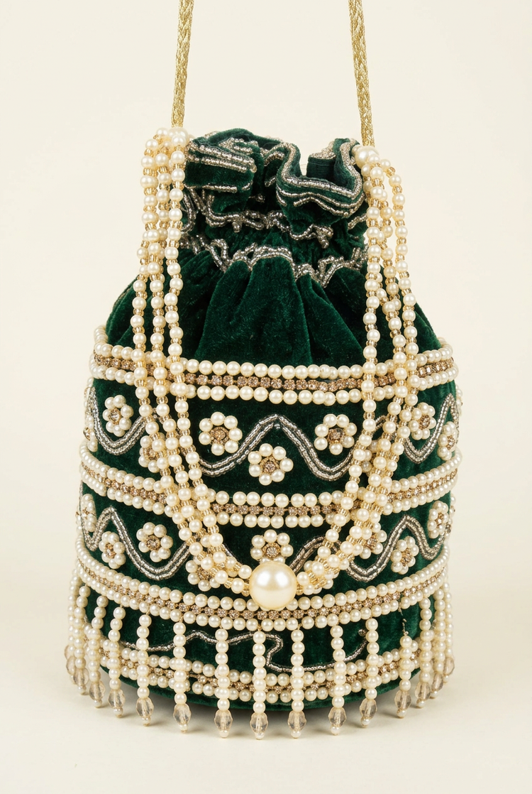 Emerald Soirée green pearl beaded potli, studio view