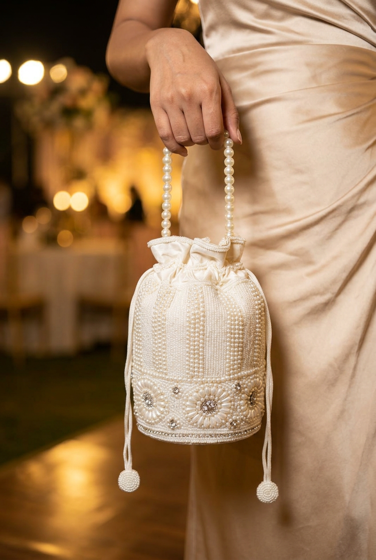 Pearl Cascade ivory beaded potli styled with evening wear