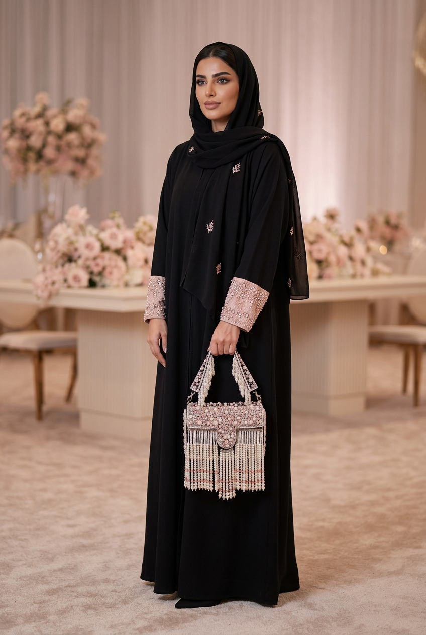 Pearl and crystal fringe box bag carried with a black abaya with blush crystal cuffs at a wedding